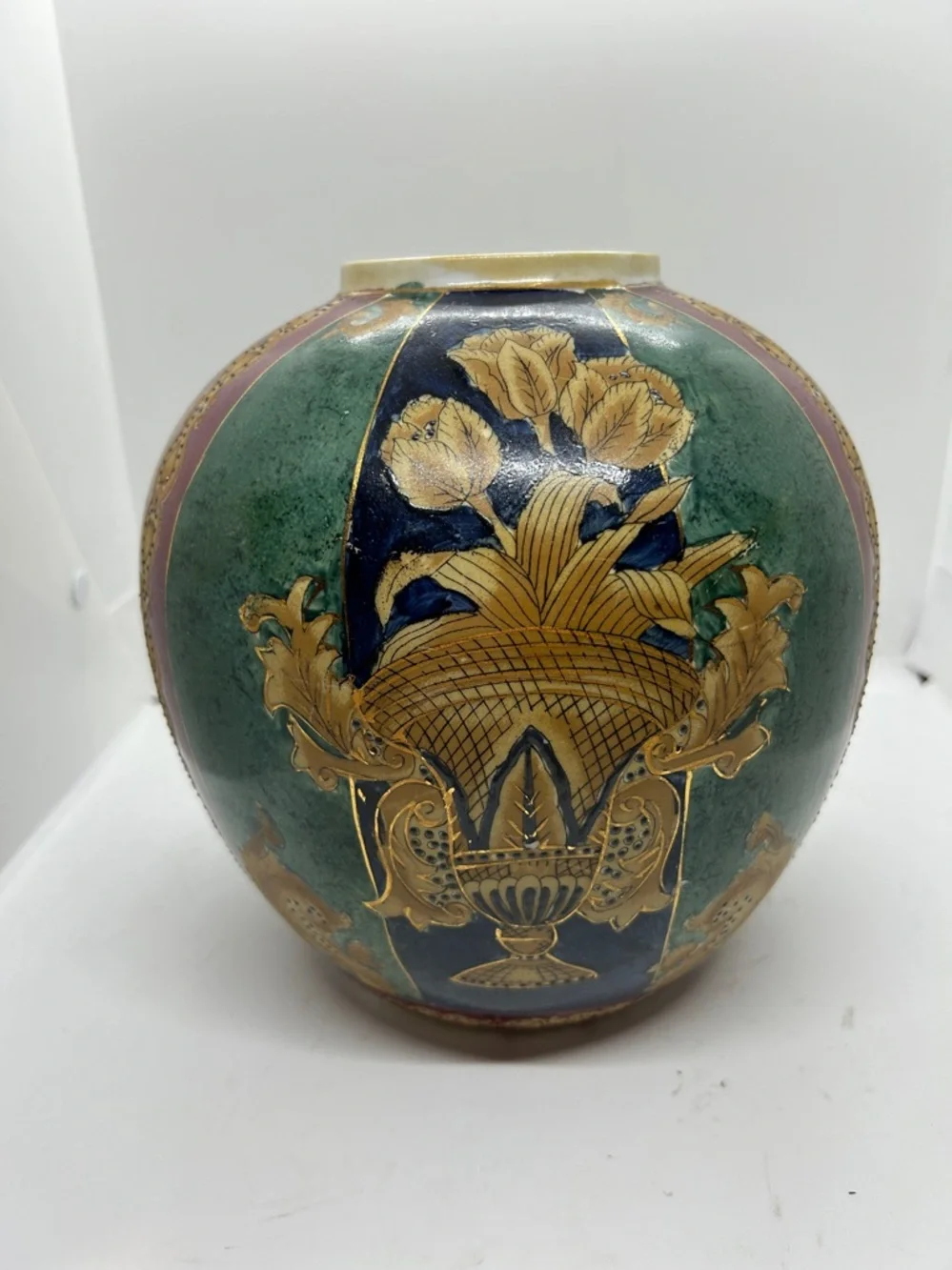 Vintage Decorative Floral Globe Vase in Green, Navy & Gold - Picture 4 of 11